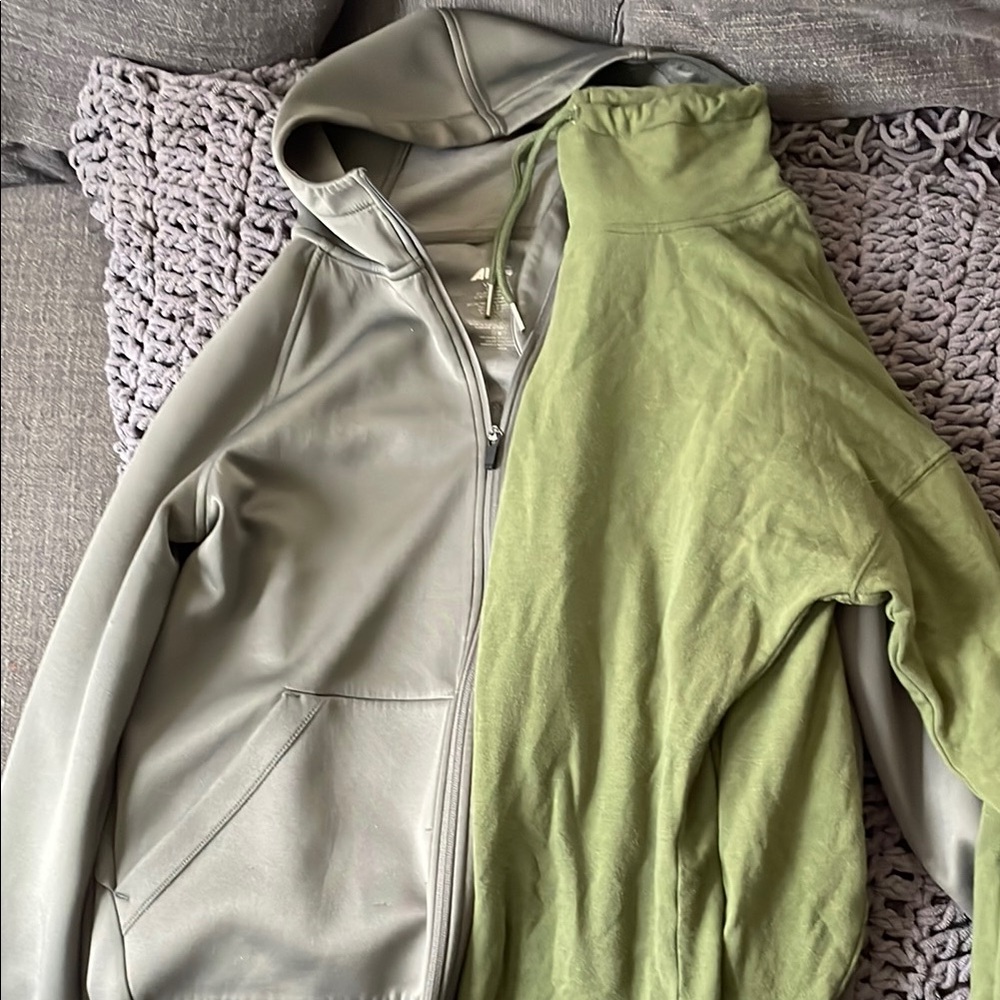 Set of two green sweaters L and M zip up & cowl neck